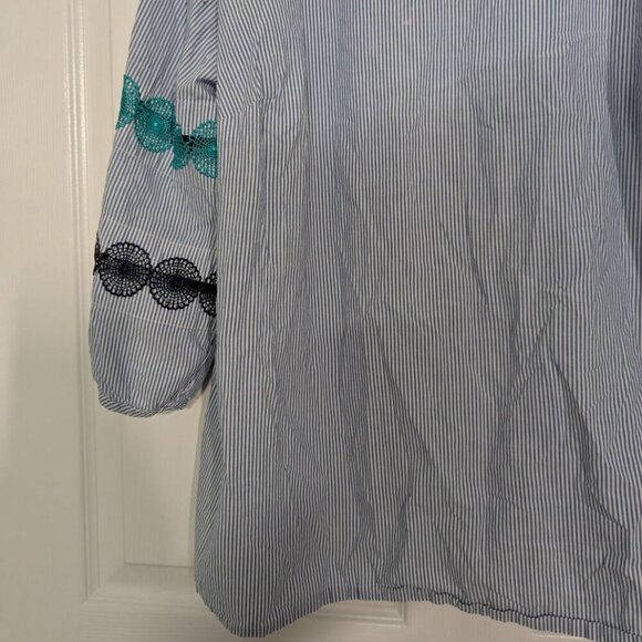Talbots Stripe Shirt Womens Size 2X Blue 3/4 Sleeves Boho Lace Ruffle Cotton - Picture 5 of 15